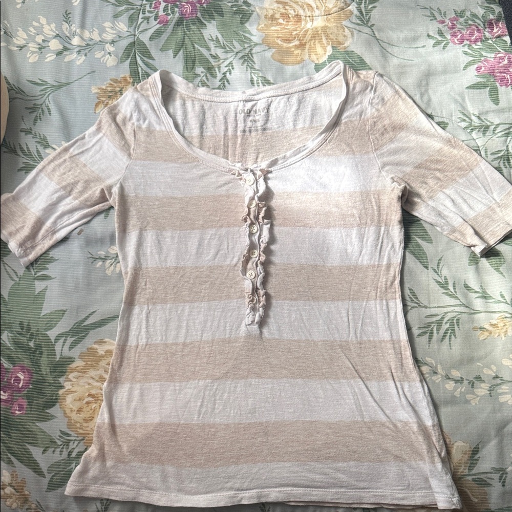 Old Navy Tan and White Striped Short Sleeve Tee